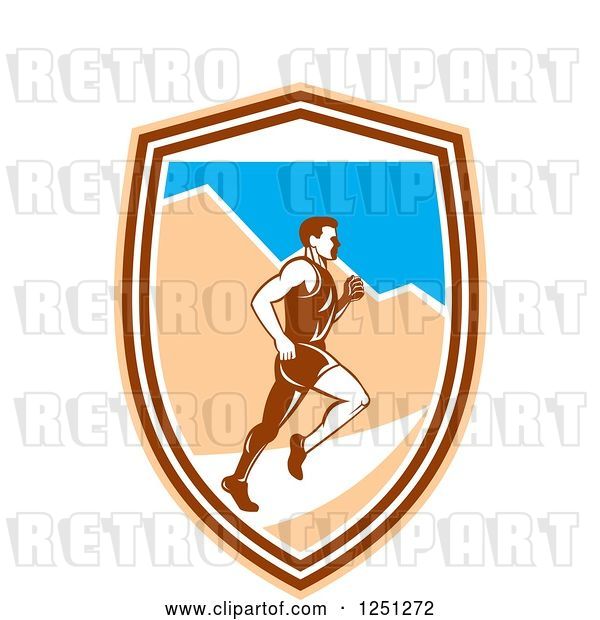 Vector Clip Art of Retro Male Marathon Runner with Mountains in a Shield