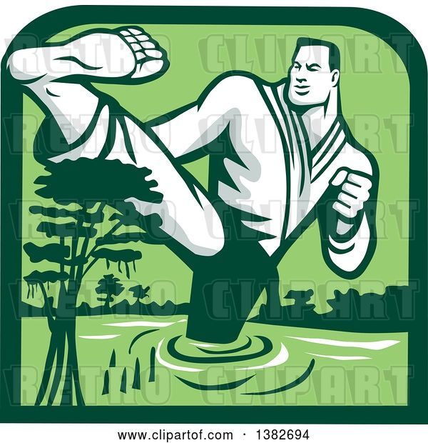 Vector Clip Art of Retro Male Marital Arts Fighter Kicking and Wading in a Swamp Inside a Green Frame