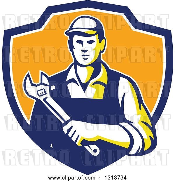 Vector Clip Art of Retro Male Mechanic Holding a Giant Adjustable Wrench in a Blue White and Orange Shield