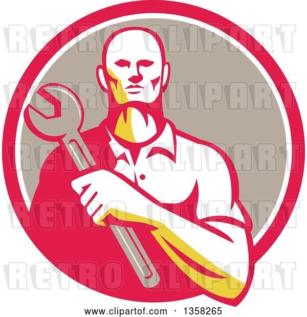 Vector Clip Art of Retro Male Mechanic Holding a Giant Wrench over His Chest in a Pink White and Taupe Circle