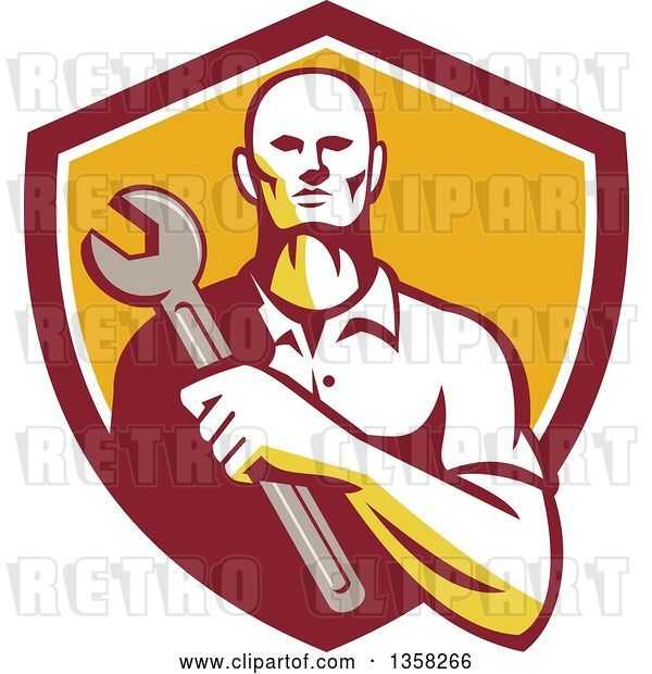 Vector Clip Art of Retro Male Mechanic Holding a Giant Wrench over His Chest in a Shield