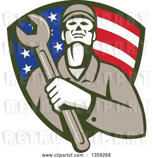Vector Clip Art of Retro Male Mechanic Holding a Giant Wrench over His Chest in an American Flag Shield
