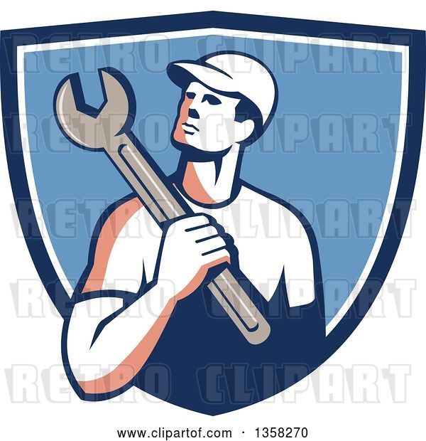 Vector Clip Art of Retro Male Mechanic Holding a Giant Wrench over His Shoulder in a Blue and White Shield