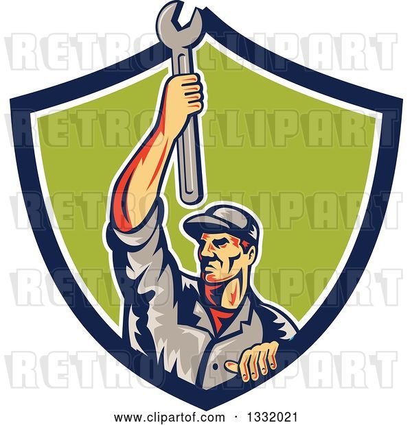 Vector Clip Art of Retro Male Mechanic Holding a Wrench Above His Head in a Blue White and Green Shield