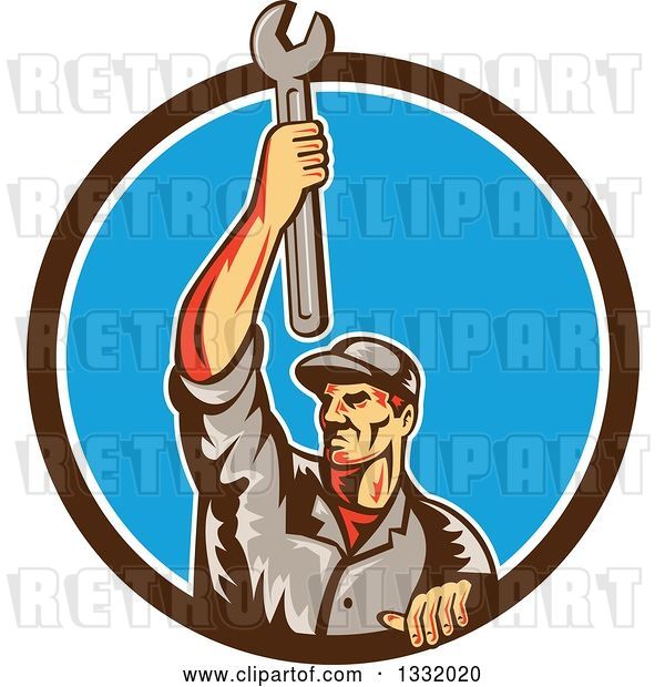 Vector Clip Art of Retro Male Mechanic Holding a Wrench Above His Head in a Brown White and Blue Circle