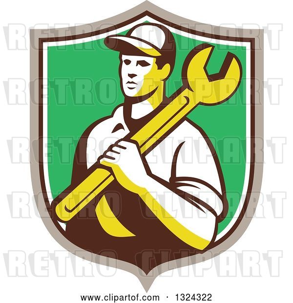 Vector Clip Art of Retro Male Mechanic Holding a Wrench and Emerging from a Taupe White and Green Shield