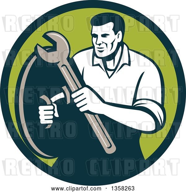 Vector Clip Art of Retro Male Mechanic Holding a Wrench and Shield in a Green Circle