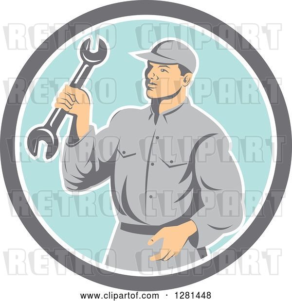 Vector Clip Art of Retro Male Mechanic Holding a Wrench in a Gray White and Blue Circle