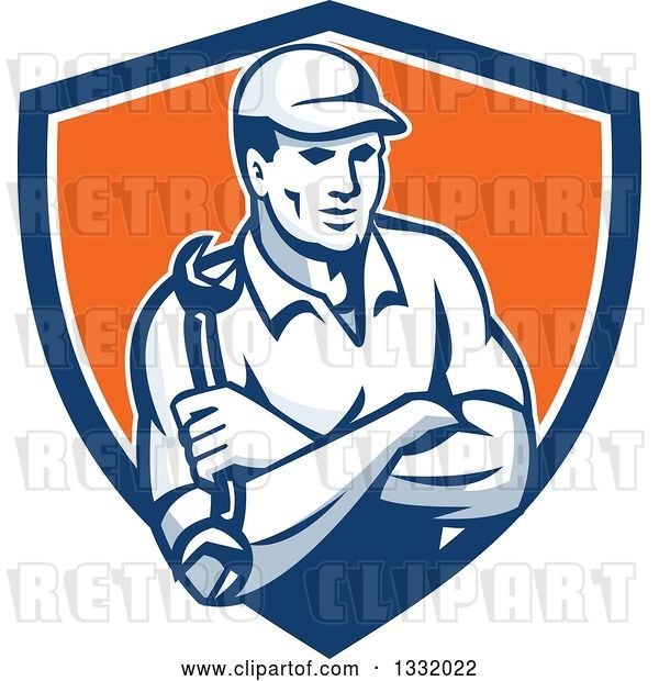 Vector Clip Art of Retro Male Mechanic Holding a Wrench in Folded Arms in a Blue White and Orange Shield
