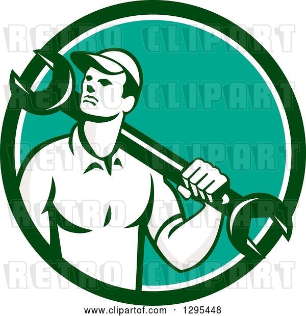 Vector Clip Art of Retro Male Mechanic Holding a Wrench over His Shoulder in a Green White and Turquoise Circle
