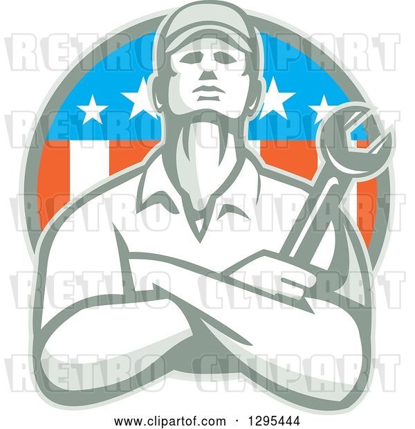 Vector Clip Art of Retro Male Mechanic Holding a Wrench with Folded Arms in an American Circle