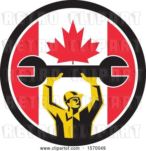 Vector Clip Art of Retro Male Mechanic Holding up a Giant Wrench in a Canadian Flag Circle