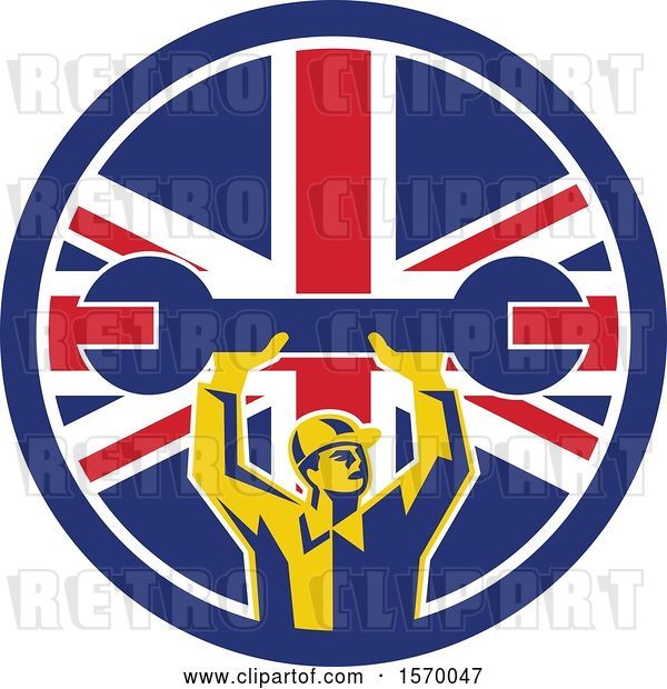 Vector Clip Art of Retro Male Mechanic Holding up a Giant Wrench in a Union Jack Flag Circle
