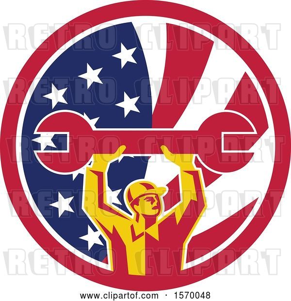 Vector Clip Art of Retro Male Mechanic Holding up a Giant Wrench in an American Flag Circle
