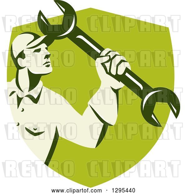 Vector Clip Art of Retro Male Mechanic Holding up a Wrench in a Green Shield