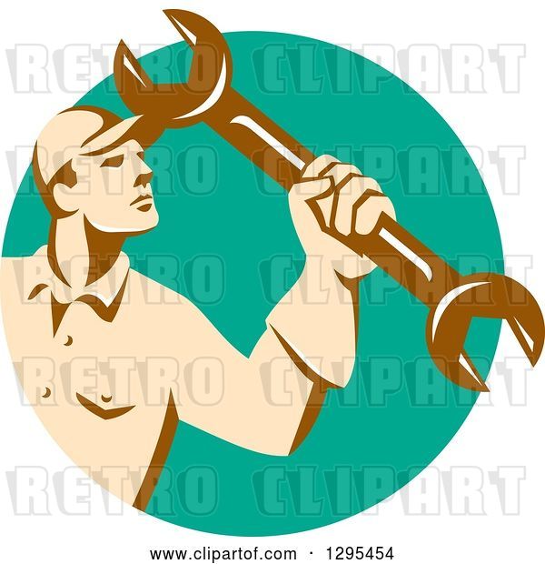 Vector Clip Art of Retro Male Mechanic Holding up a Wrench in a Turquoise Circle