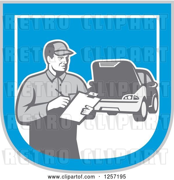 Vector Clip Art of Retro Male Mechanic with a Clipboard and Car in a Blue White and Gray Shield