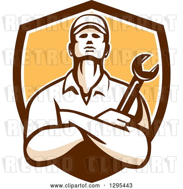 Vector Clip Art of Retro Male Mechanic with Folded Arms, Holding a Wrench in a Brown White and Yellow Shield