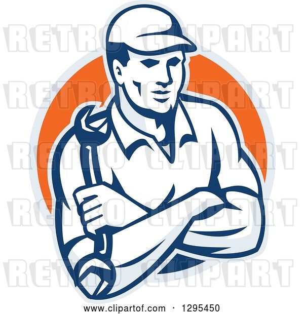Vector Clip Art of Retro Male Mechanic with Folded Arms, Holding a Wrench in a Gray and Orange Circle