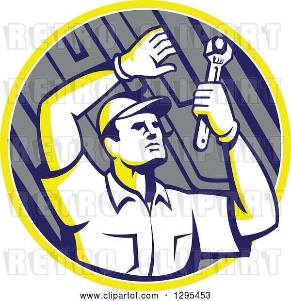 Vector Clip Art of Retro Male Mechanic Working Uner a Car Chassis in a Yellow White and Gray Circle