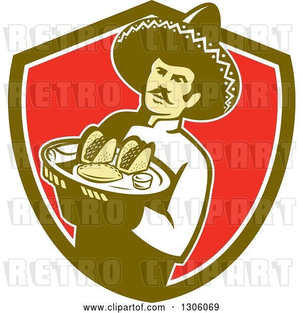 Vector Clip Art of Retro Male Mexican Chef Wearing a Sombrero and Holding a Tray of Tacos, Burritos and Empanadas in a Green White and Red Shield