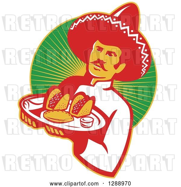 Vector Clip Art of Retro Male Mexican Chef Wearing a Sombrero and Holding a Tray of Tacos, Burritos and Empanadas over a Circle of Rays