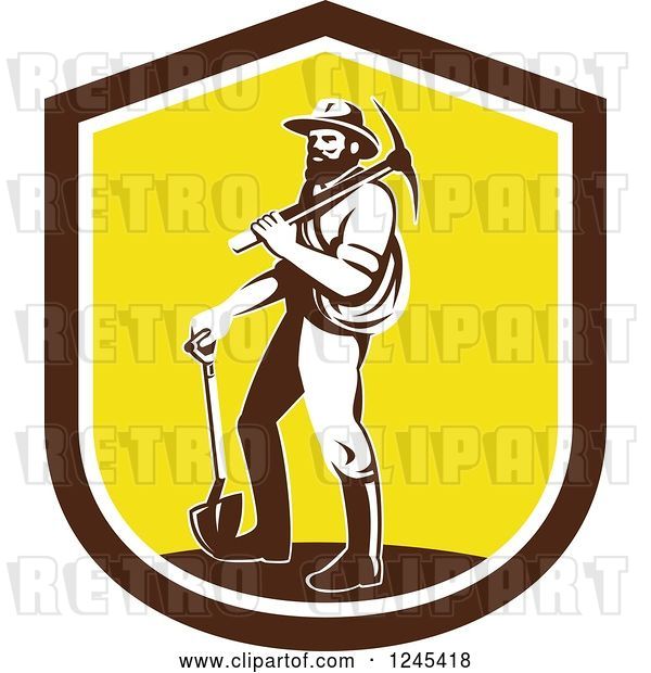 Vector Clip Art of Retro Male Miner Carrying a Pickaxe and Standing with a Shovel in a Shield