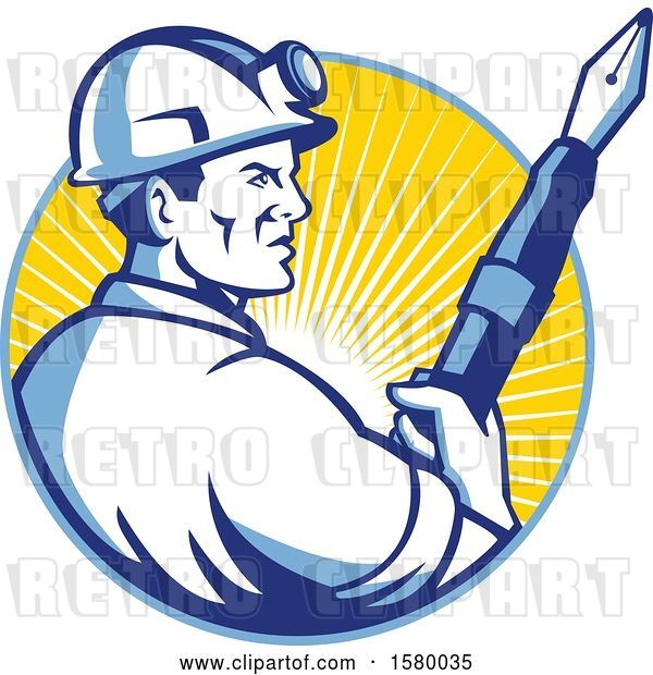 Vector Clip Art of Retro Male Miner Holding a Giant Fountain Pen in a Sunset Circle