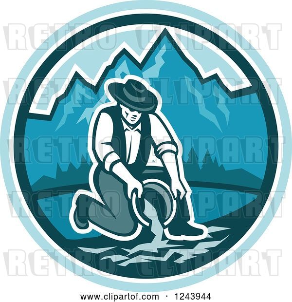 Vector Clip Art of Retro Male Miner Panning for Gold in a Mountainous River