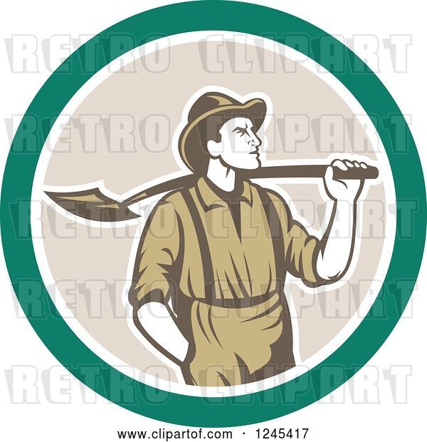 Vector Clip Art of Retro Male Miner with a Shovel over His Shoulder in a Circle