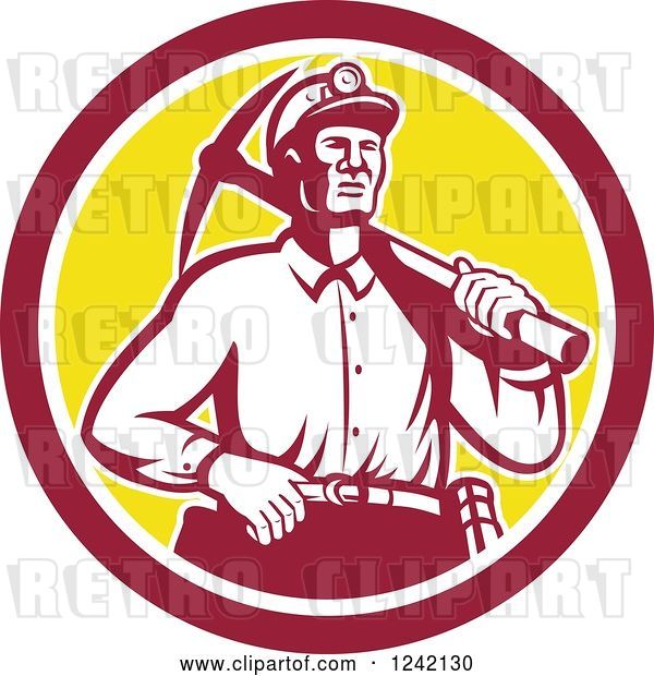Vector Clip Art of Retro Male Miner Worker with a Pickaxe in a Circle