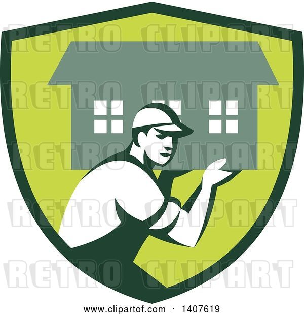 Vector Clip Art of Retro Male Mover Carrying a House in a Green Shield