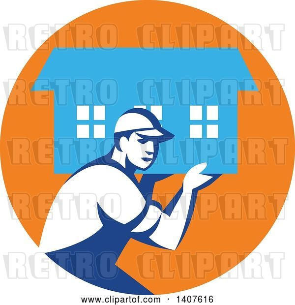 Vector Clip Art of Retro Male Mover Carrying a House in an Orange and Blue Circle