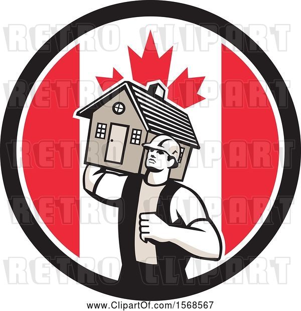Vector Clip Art of Retro Male Mover Holding a House in a Canadian Flag Circle
