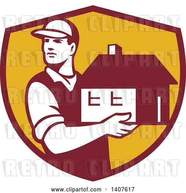 Vector Clip Art of Retro Male Mover Holding a House in a Maroon and Yellow Shield