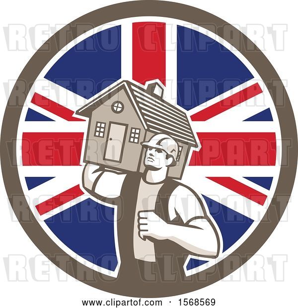 Vector Clip Art of Retro Male Mover Holding a House in a Union Jack Flag Circle