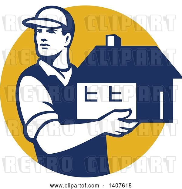 Vector Clip Art of Retro Male Mover Holding a House in a Yellow Circle