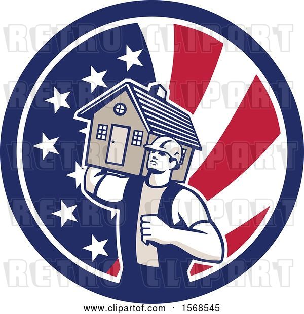 Vector Clip Art of Retro Male Mover Holding a House in an American Flag Circle