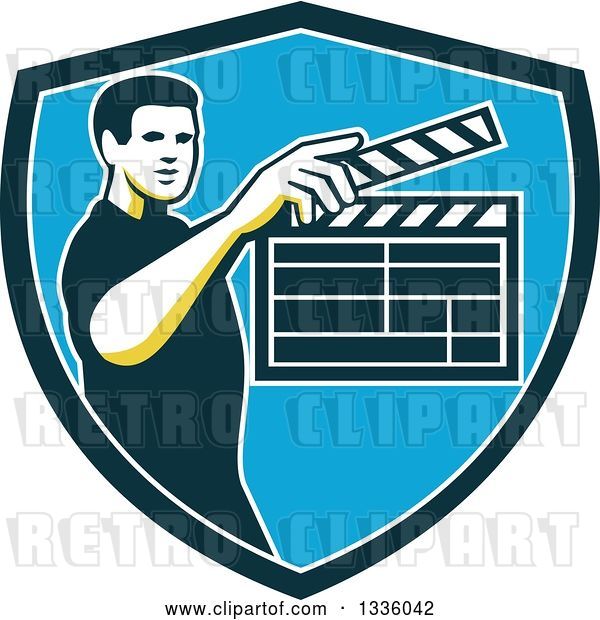 Vector Clip Art of Retro Male Movie Director Holding up a Clapperboard in a Green White and Blue Shield