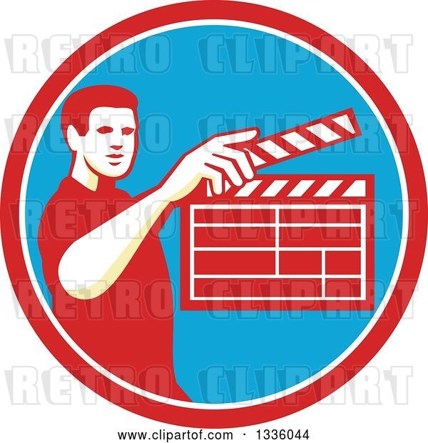 Vector Clip Art of Retro Male Movie Director Holding up a Clapperboard in a Red White and Blue Circle