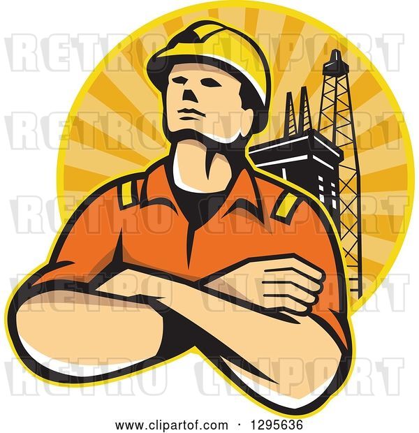 Vector Clip Art of Retro Male off Shore Worker and Oil Platform in a Circle of Orange Sunshine