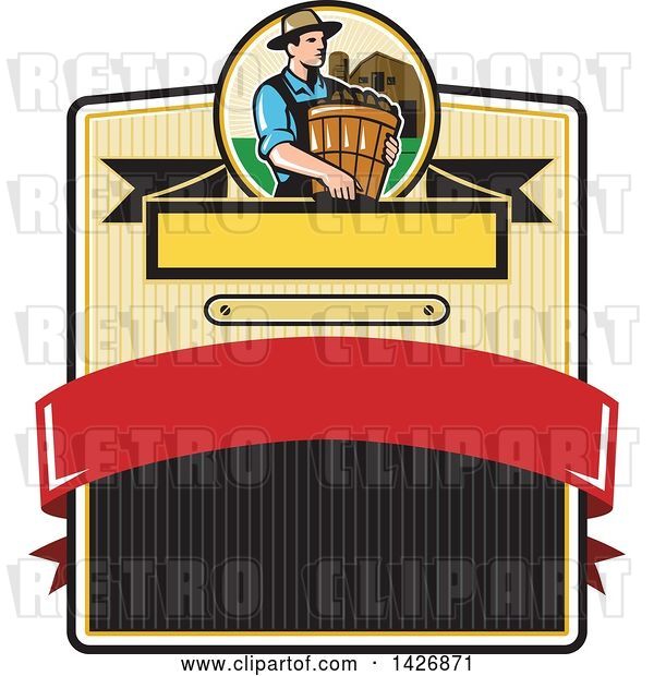 Vector Clip Art of Retro Male Organic Farmer Carrying a Bushel of Harvest Produce, in a Circle Against a Barn and Silo over a Badge