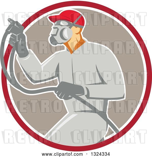 Vector Clip Art of Retro Male Painter Using a Spray Gun and Emerging from a Red White and Taupe Circle
