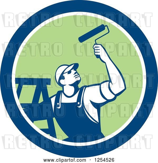 Vector Clip Art of Retro Male Painter with a Ladder and Roller Brush in a Blue and Orange Circle