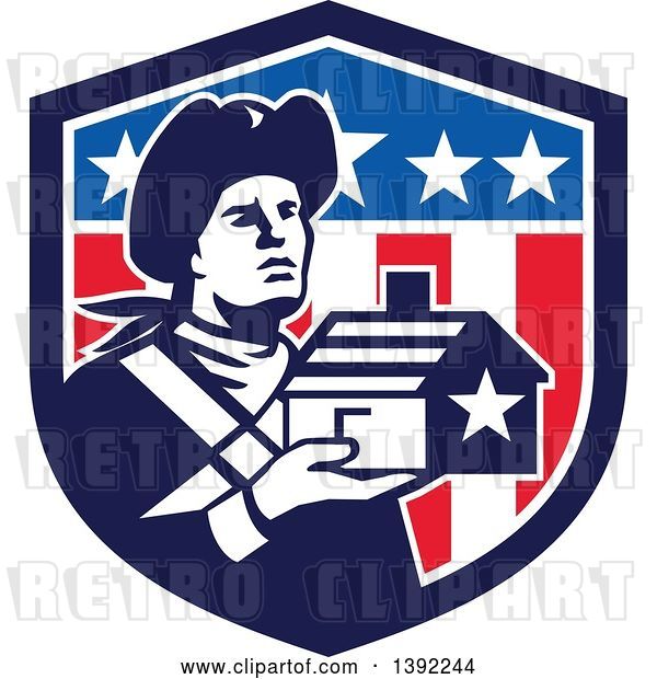Vector Clip Art of Retro Male Patriot Soldier Holding a Home in an American Shield