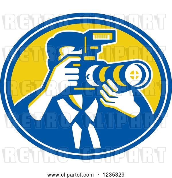 Vector Clip Art of Retro Male Photographer in a Blue and Yellow Oval