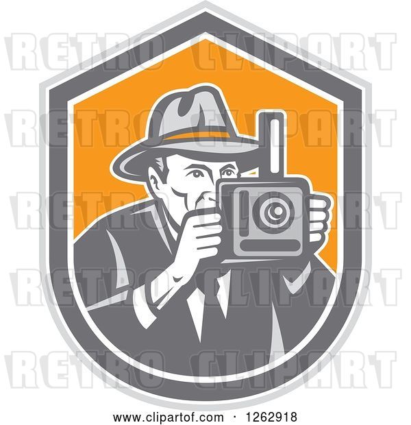 Vector Clip Art of Retro Male Photographer in a Fedora Hat in a Gray White and Orange Shield