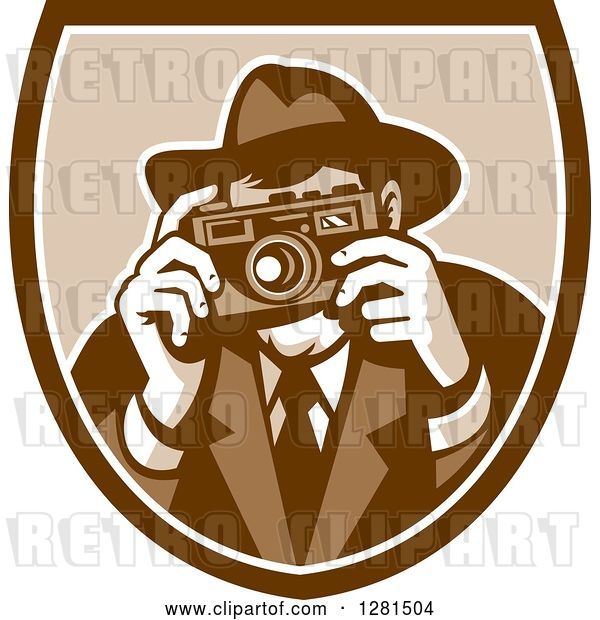 Vector Clip Art of Retro Male Photographer or Detective Taking Pictures in a Brown and White Shield