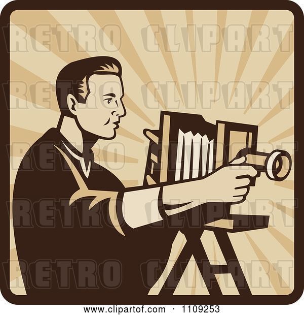 Vector Clip Art of Retro Male Photographer Shooting with an Antique Bellows Camera on a Square of Rays