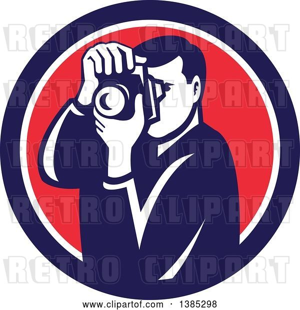 Vector Clip Art of Retro Male Photographer Taking Pictures in a Blue White and Red Circle